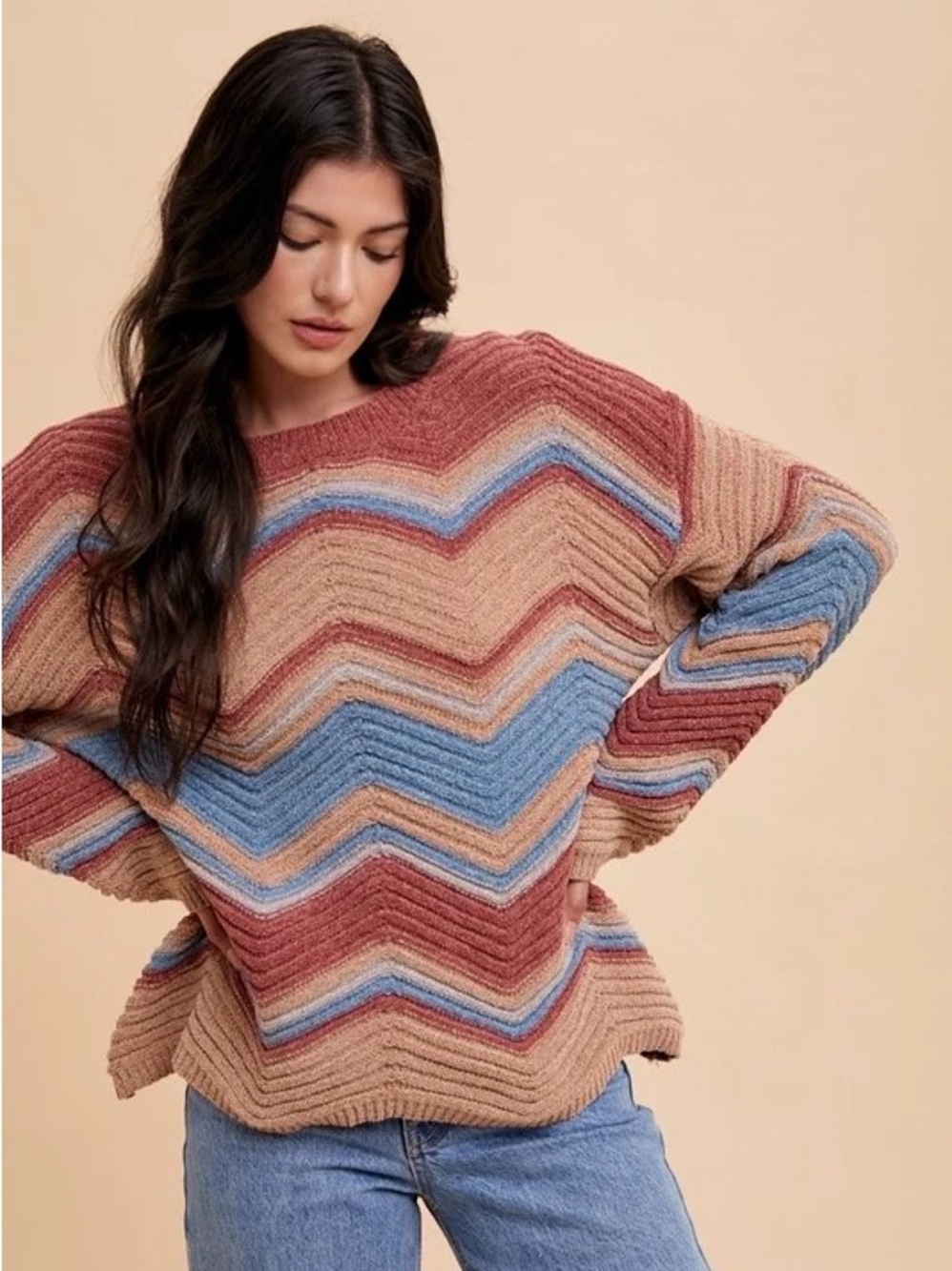 🩵🤎ANNIEWEAR Chevron Ribbed Knit Sweater | Rust Blue Multi Stripe | Medium